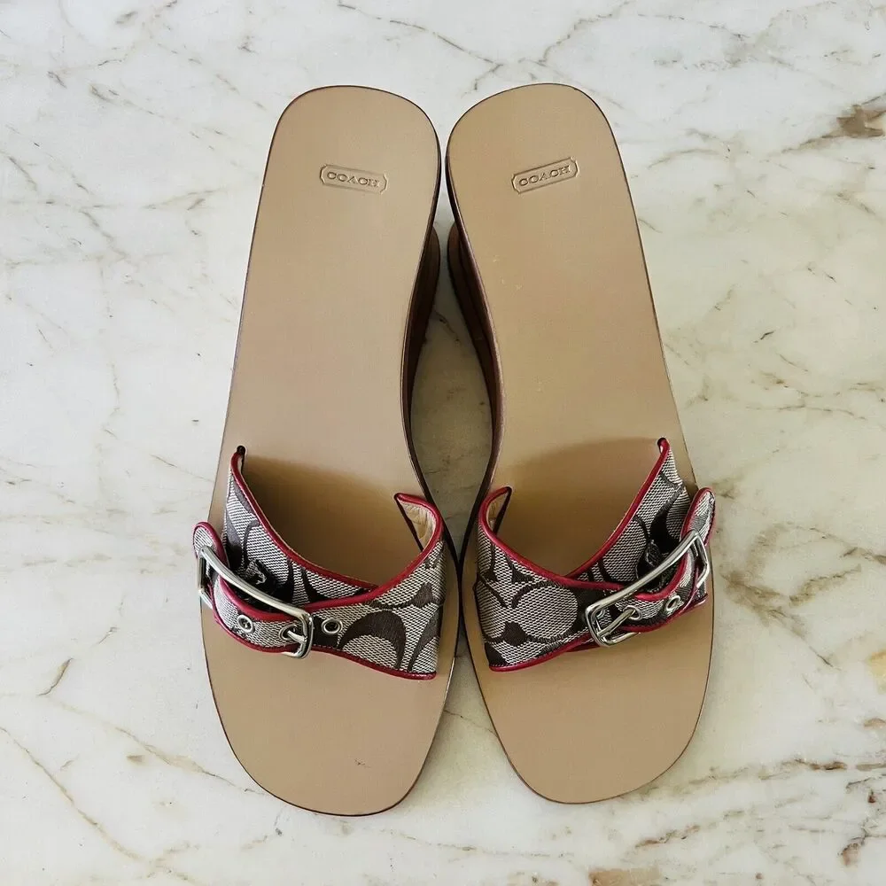 COACH Honey Brown Logo Canvas Red Leather Trim Wood Wedge Sandals - US 8